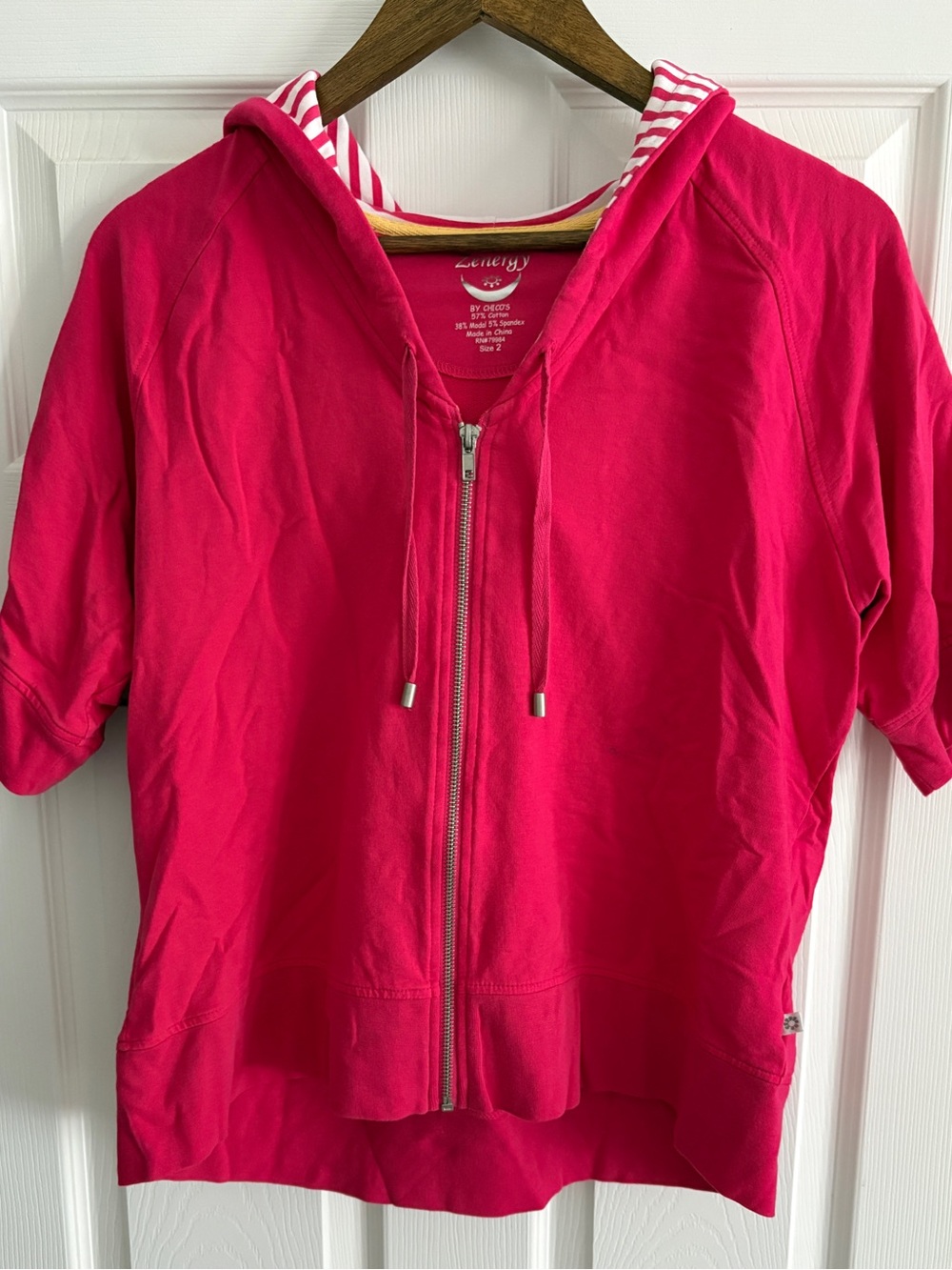 Bright Pink Short-Sleeve Zip Hoodie with Striped Lining - Unknown Brand